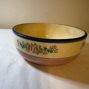 Vintage Floral Ceramic Mixing Bowl - Blue Trim